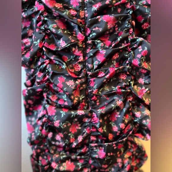 For Love & Lemons Melrose Satin Black and Pink Ruche Mini Puff sleeve dress - Picture 11 of 16